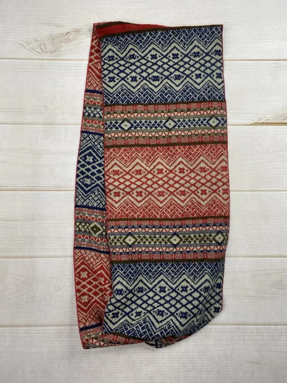 Red & Navy Infinity Scarf Pashmina Silk Blend Jacquard Woven Knit Nordic Tribal